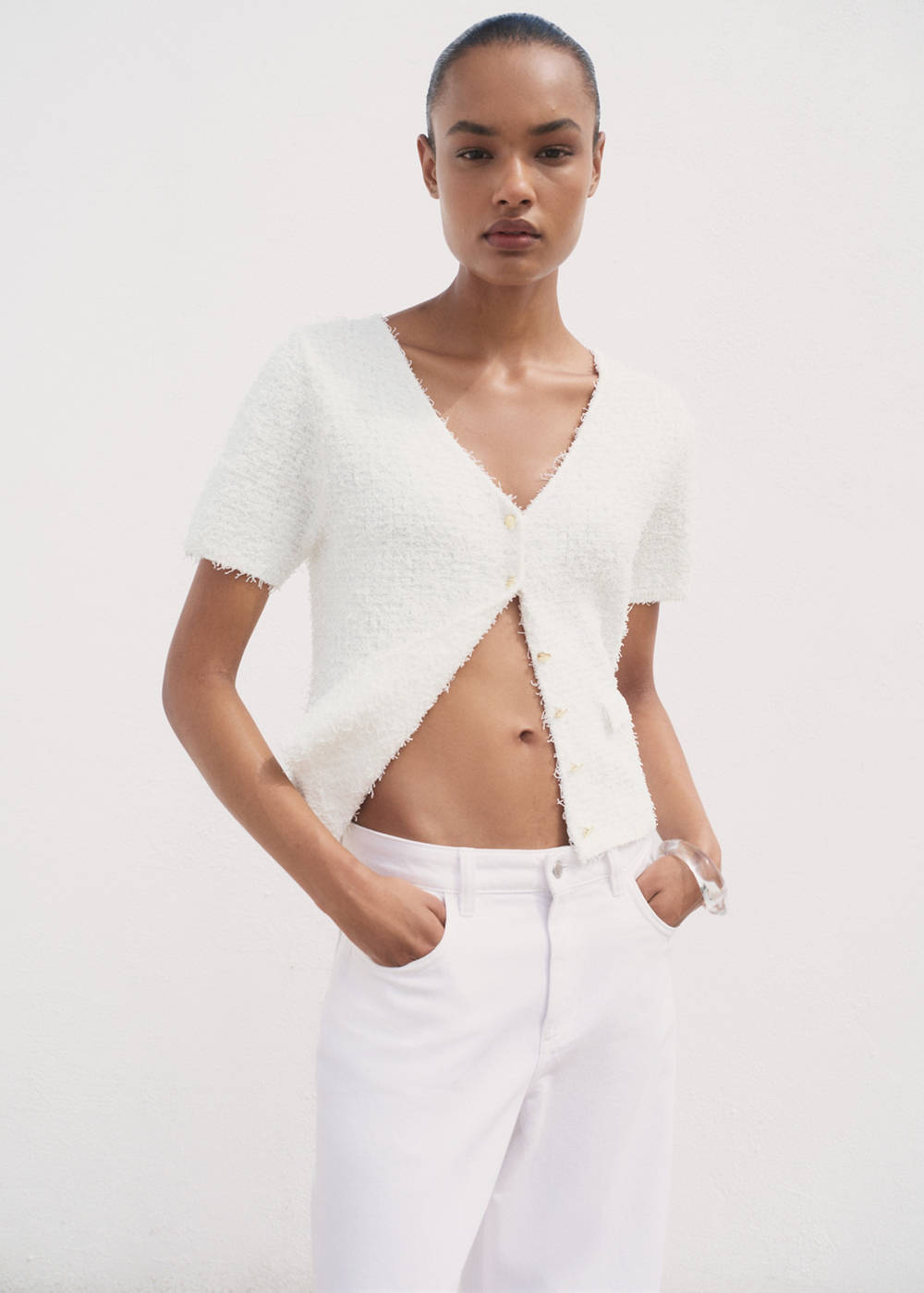 Short-sleeved bouclé cardigan