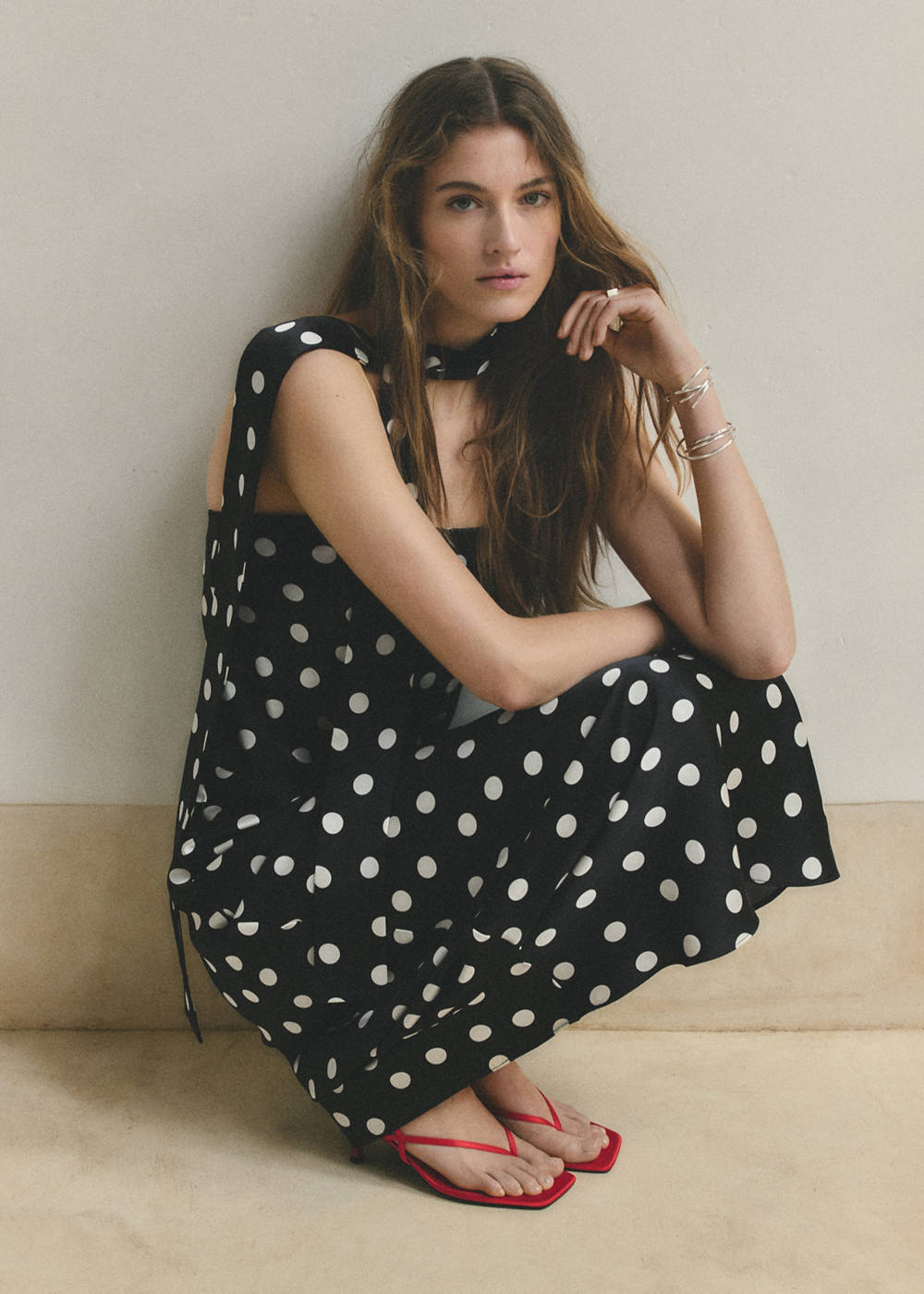 Polka-dot satin-finish dress