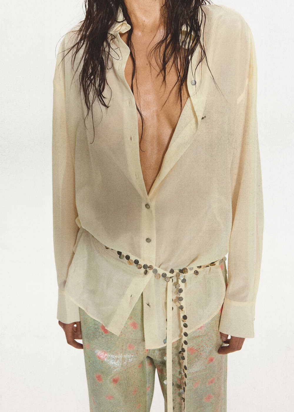 Semi-sheer shirt with beaded belt