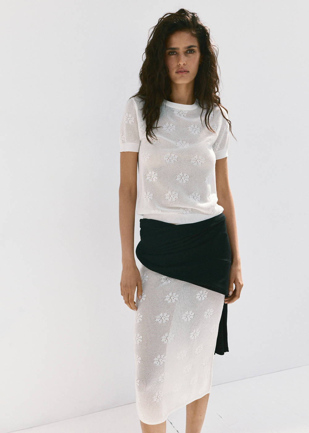 Semi-transparent floral crochet skirt