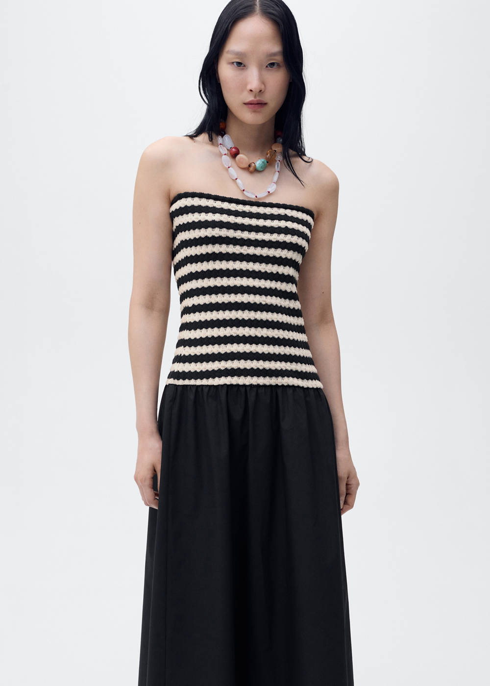 Combined striped strapless dress
